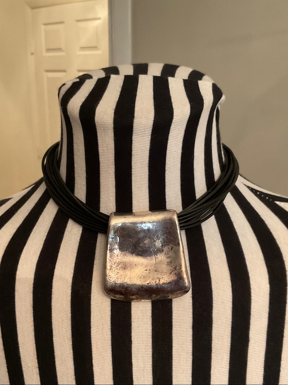 Bold Sterling Silver Pendant Choker Necklace on Black Cord